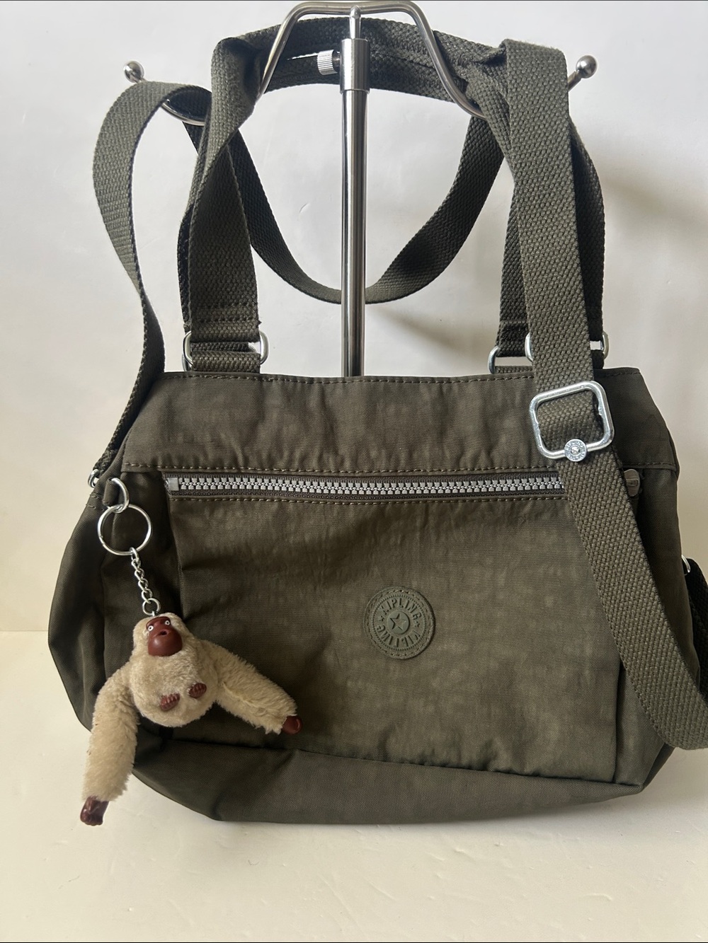 Kipling Olive Green Crossbody Shoulder Bag  Boho Lots of Pockets Cute Monkey